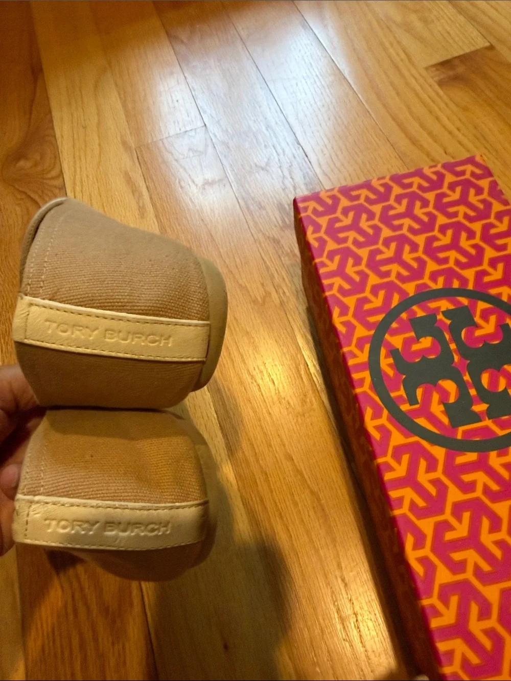 Tory Burch Tan Canvas Slip-Ons with Red Logo Medallions